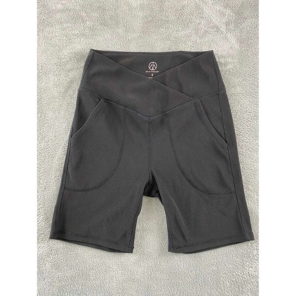 Move Theology Womens Ribbed Crossover High Waist Biker Shorts Black Small